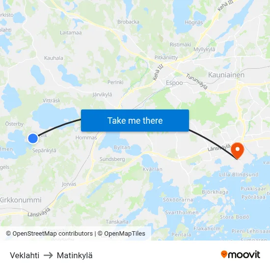 Veklahti to Matinkylä map