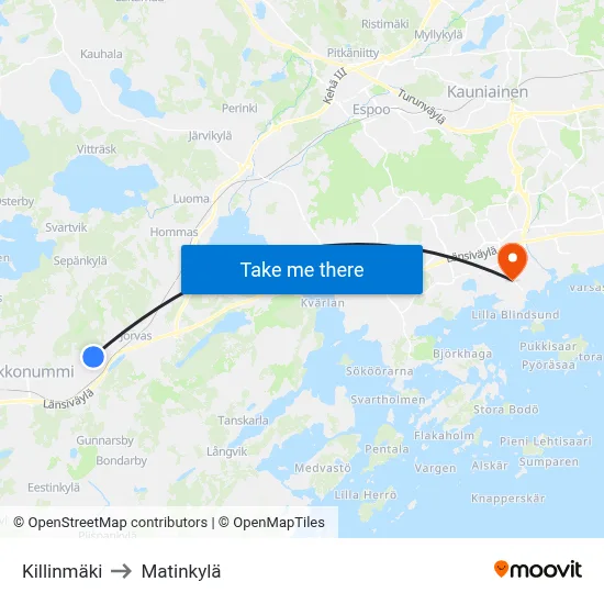 Killinmaki to Matinkyla map