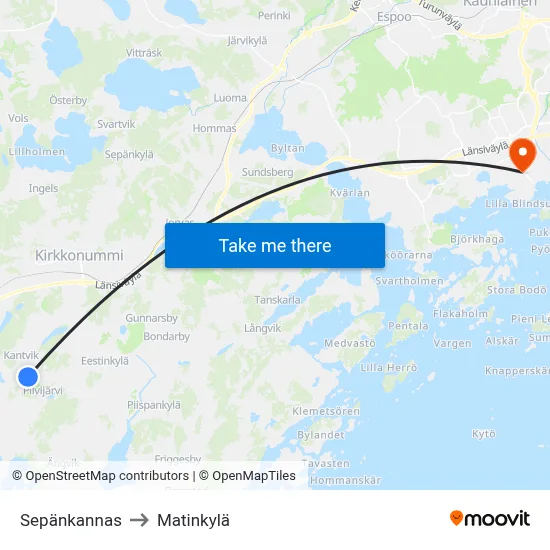 Sepänkannas to Matinkylä map