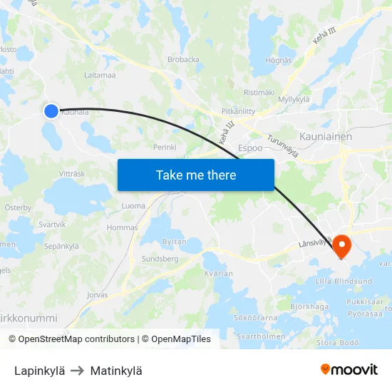 Lapinkylä to Matinkyla map