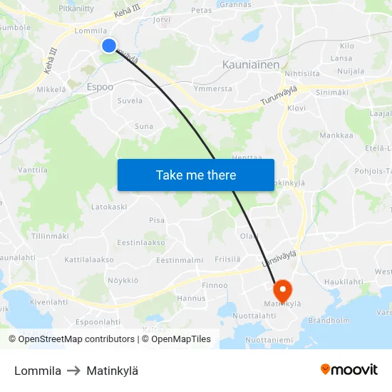 Lommila to Matinkyla map