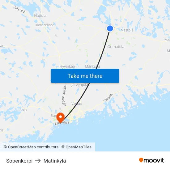 Sopenkorpi to Matinkyla map