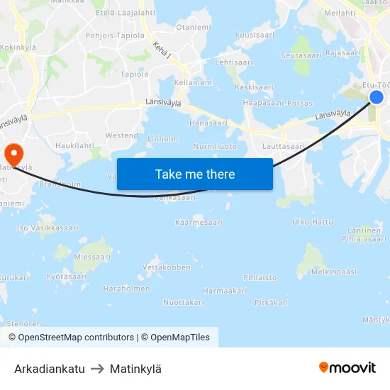 Arkadiankatu to Matinkylä map