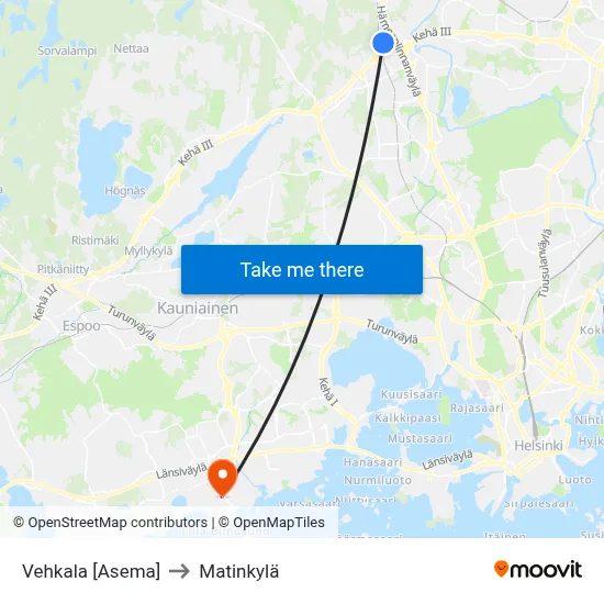 Vehkala Station to Matinkyla map