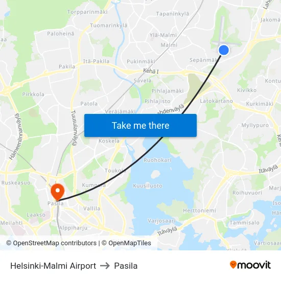 Helsinki-Malmi Airport to Pasila map