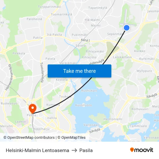 Helsinki-Malmi Airport to Pasila map