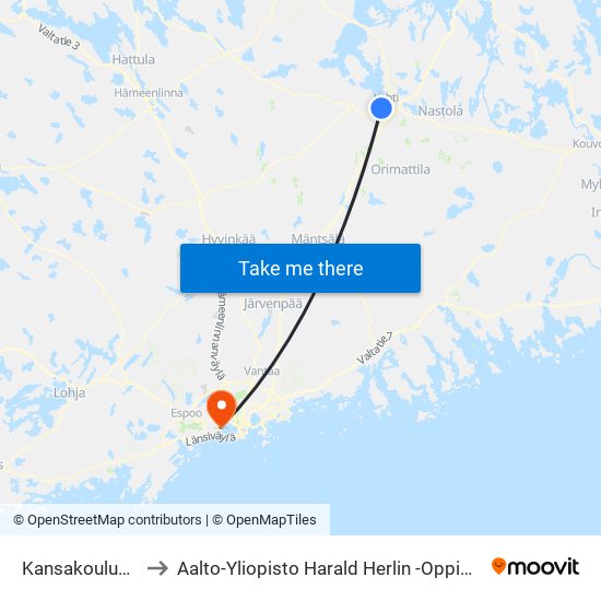 Kansakoulunkatu to Aalto-Yliopisto Harald Herlin -Oppimiskeskus map