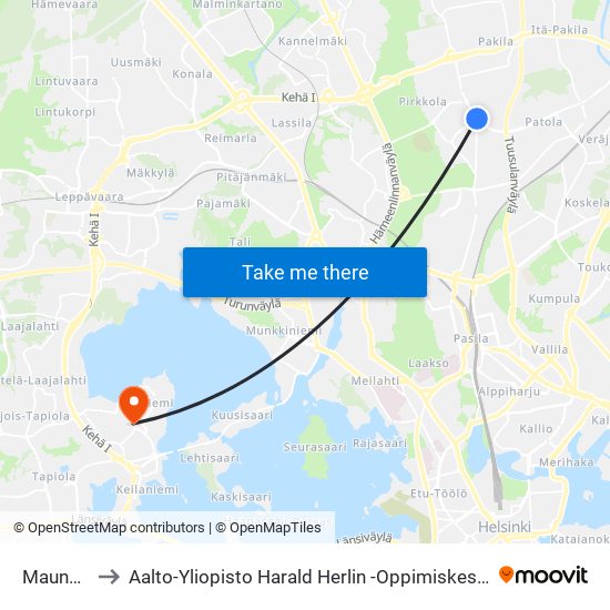Maunula to Aalto-Yliopisto Harald Herlin -Oppimiskeskus map