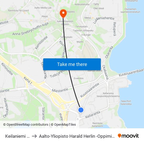 Keilaniemi (M) to Aalto-Yliopisto Harald Herlin -Oppimiskeskus map