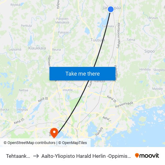 Tehtaankatu to Aalto-Yliopisto Harald Herlin -Oppimiskeskus map