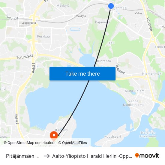 Pitäjänmäen Asema to Aalto-Yliopisto Harald Herlin -Oppimiskeskus map