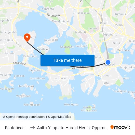Rautatieasema to Aalto-Yliopisto Harald Herlin -Oppimiskeskus map