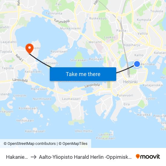 Hakaniemi to Aalto-Yliopisto Harald Herlin -Oppimiskeskus map