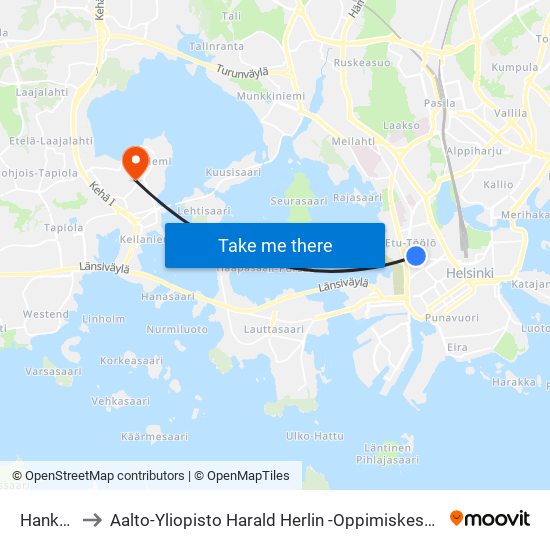 Hanken to Aalto-Yliopisto Harald Herlin -Oppimiskeskus map