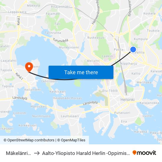 Mäkelänrinne to Aalto-Yliopisto Harald Herlin -Oppimiskeskus map