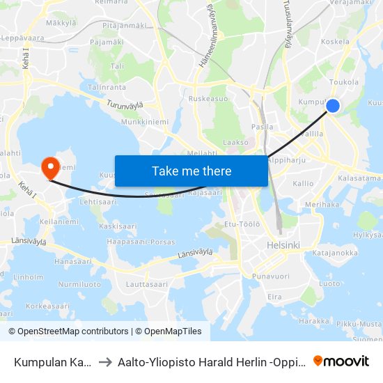 Kumpulan Kampus to Aalto-Yliopisto Harald Herlin -Oppimiskeskus map