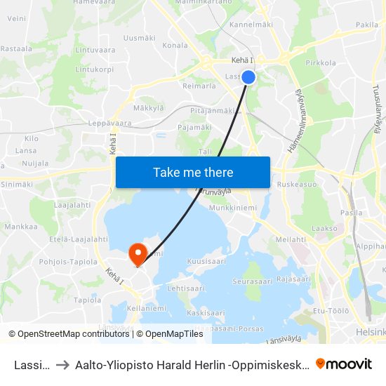 Lassila to Aalto-Yliopisto Harald Herlin -Oppimiskeskus map
