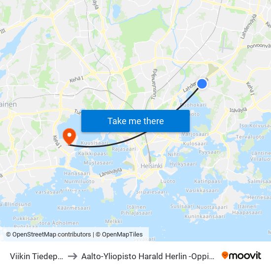 Viikin Tiedepuisto to Aalto-Yliopisto Harald Herlin -Oppimiskeskus map