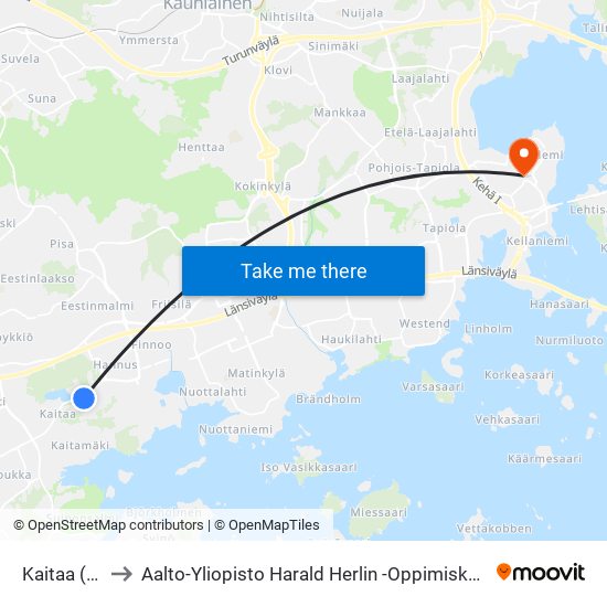 Kaitaa (M) to Aalto-Yliopisto Harald Herlin -Oppimiskeskus map