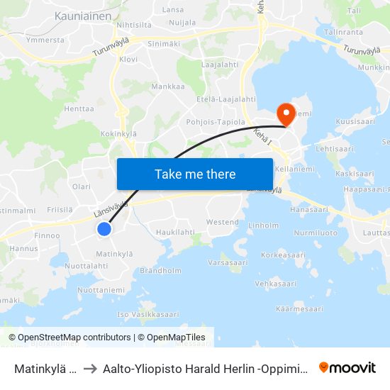 Matinkylä (M) to Aalto-Yliopisto Harald Herlin -Oppimiskeskus map