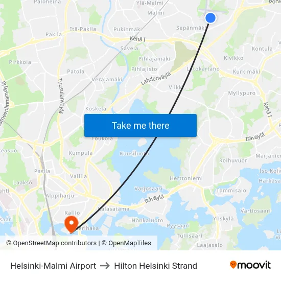 Helsinki-Malmi Airport to Hilton Helsinki Strand map