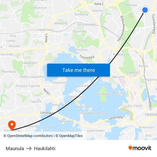 Maunula to Haukilahti map