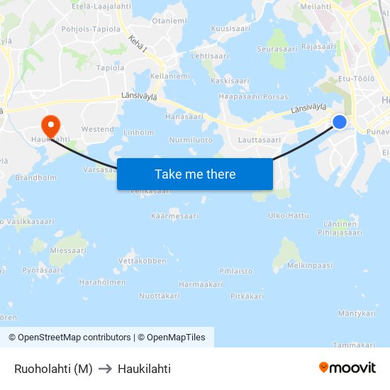 Ruoholahti (M) to Haukilahti map
