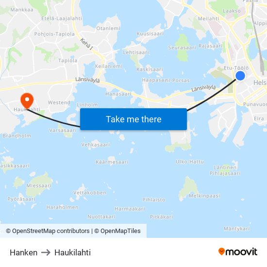 Hanken to Haukilahti map