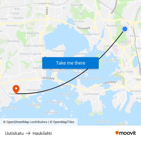 Uutiskatu to Haukilahti map