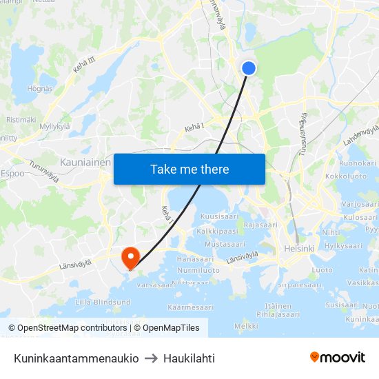 Kuninkaantammenaukio to Haukilahti map