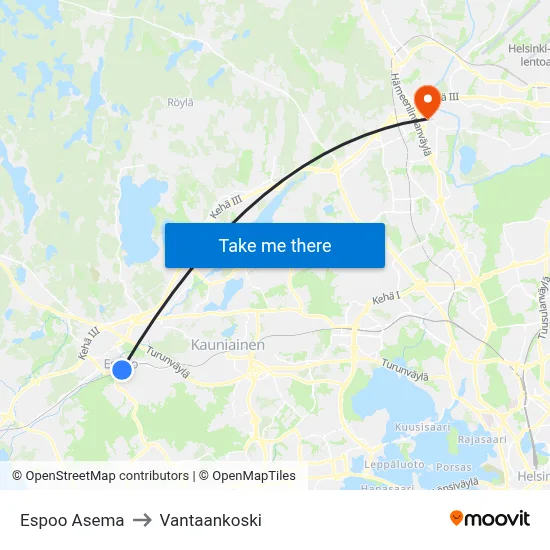Espoo Asema to Vantaankoski map