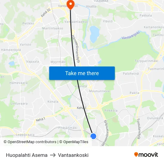 Huopalahti Asema to Vantaankoski map