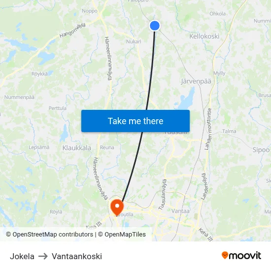 Jokela to Vantaankoski map