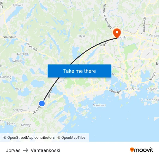 Jorvas to Vantaankoski map