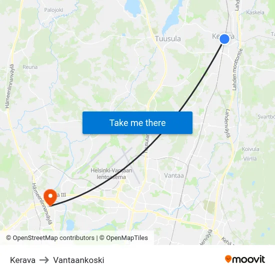 Kerava to Vantaankoski map