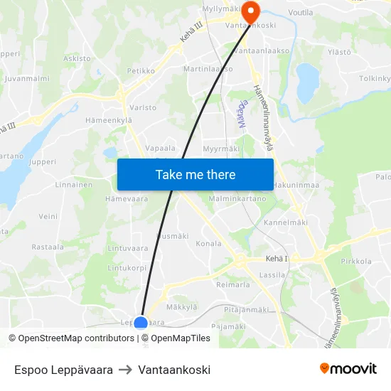 Espoo Leppävaara to Vantaankoski map