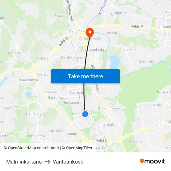 Malminkartano to Vantaankoski map