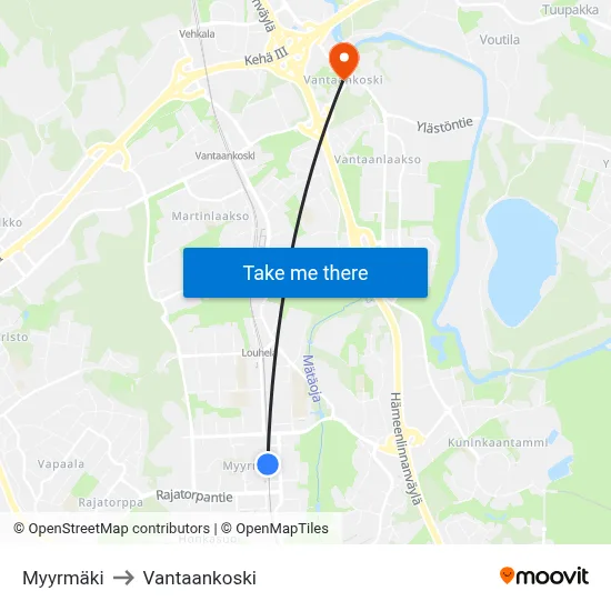 Myyrmäki to Vantaankoski map