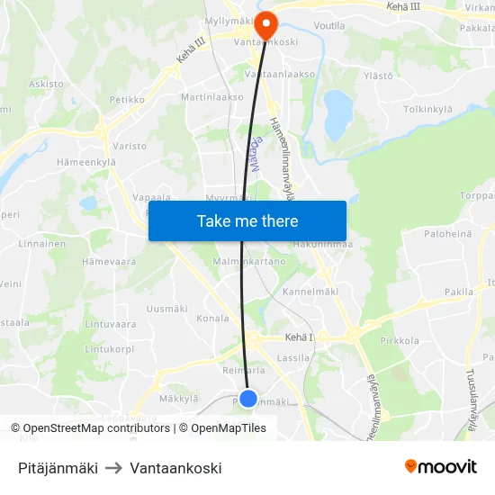 Pitajanmaki to Vantaankoski map
