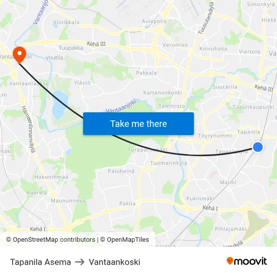 Tapanila Asema to Vantaankoski map