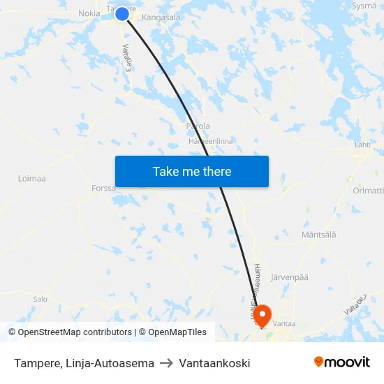 Tampere, Bus Station to Vantaankoski map