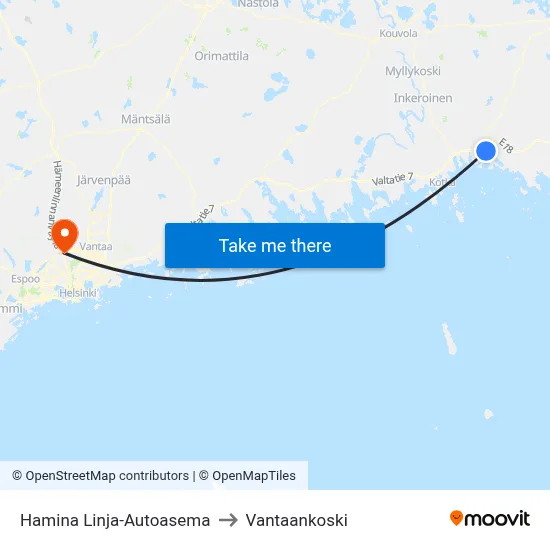Hamina Bus Station to Vantaankoski map