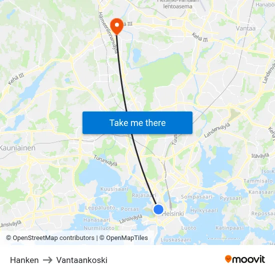 Hanken to Vantaankoski map