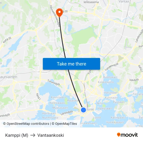 Kamppi (M) to Vantaankoski map