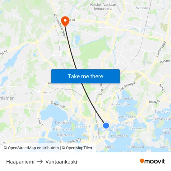 Haapaniemi to Vantaankoski map