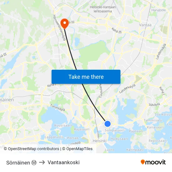 Sörnäinen Ⓜ️ to Vantaankoski map