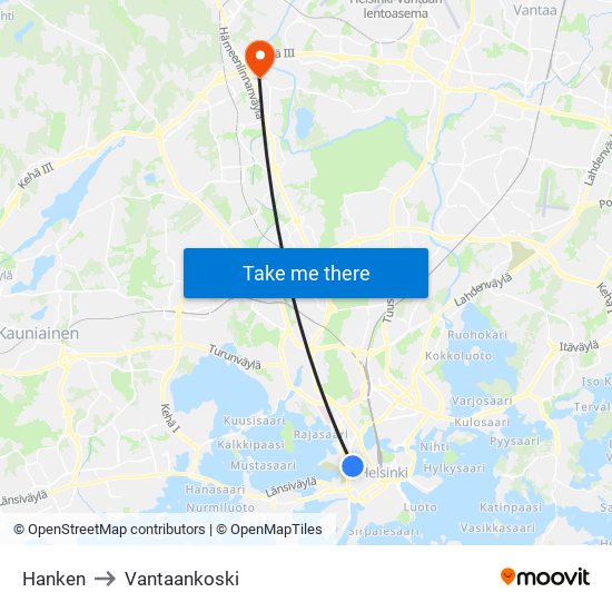 Hanken to Vantaankoski map