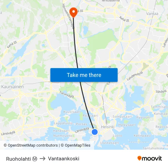 Ruoholahti Ⓜ️ to Vantaankoski map