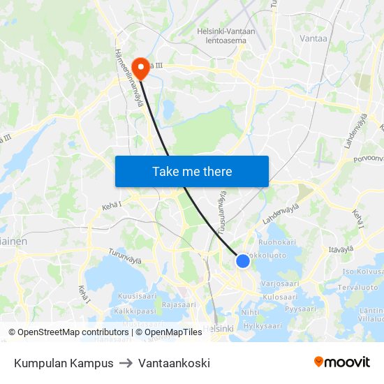 Kumpulan Kampus to Vantaankoski map