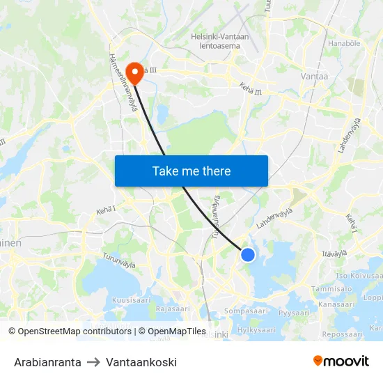Arabianranta to Vantaankoski map
